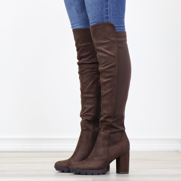 Brown Thigh High Over The Knee Lug Block Heel Boots Faux Suede Round Toe - Picture 15 of 16